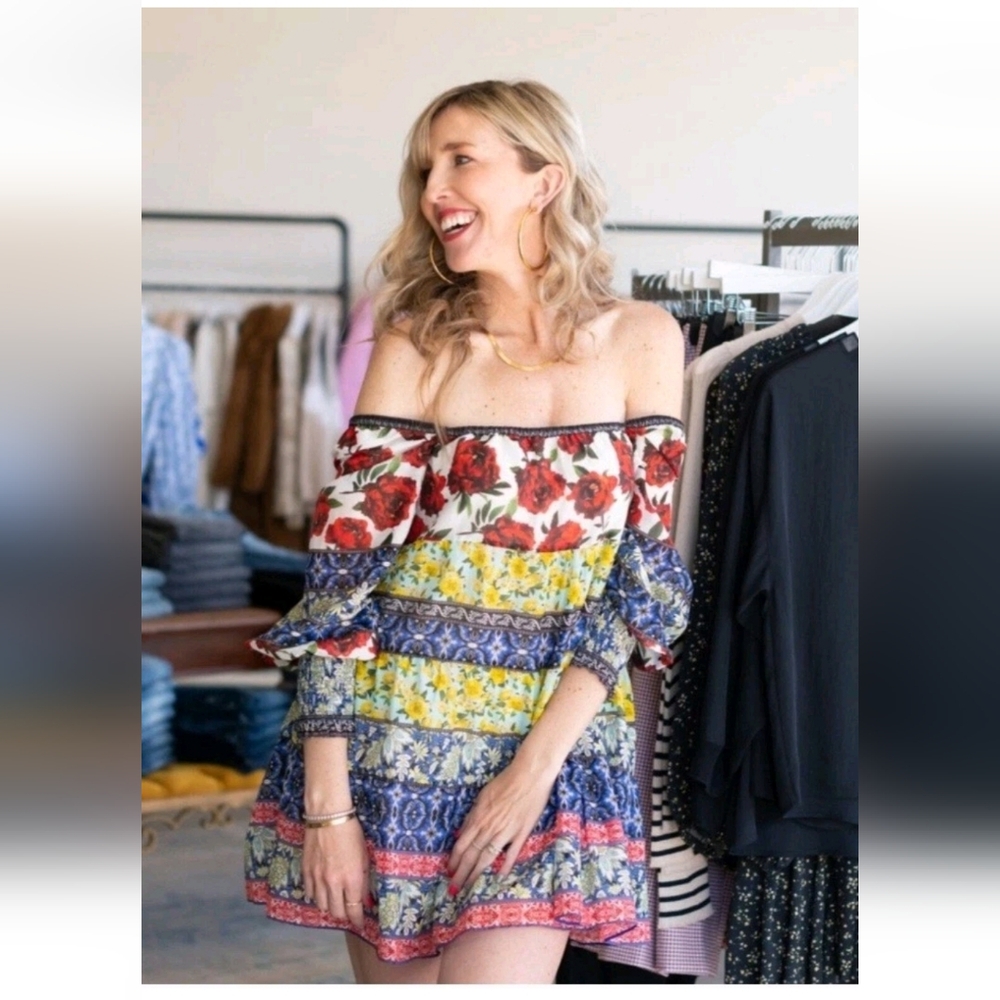 Alice + Olivia Rowen Floral Tiered Square Neck Mini Cocktail Dress Size Medium - Picture 8 of 16